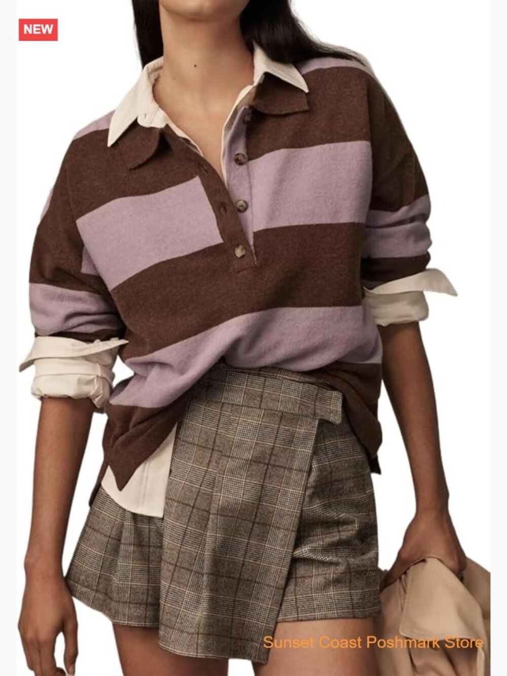 Oversized Striped V-Neck Long Sleeve Rugby Pullover Sweater